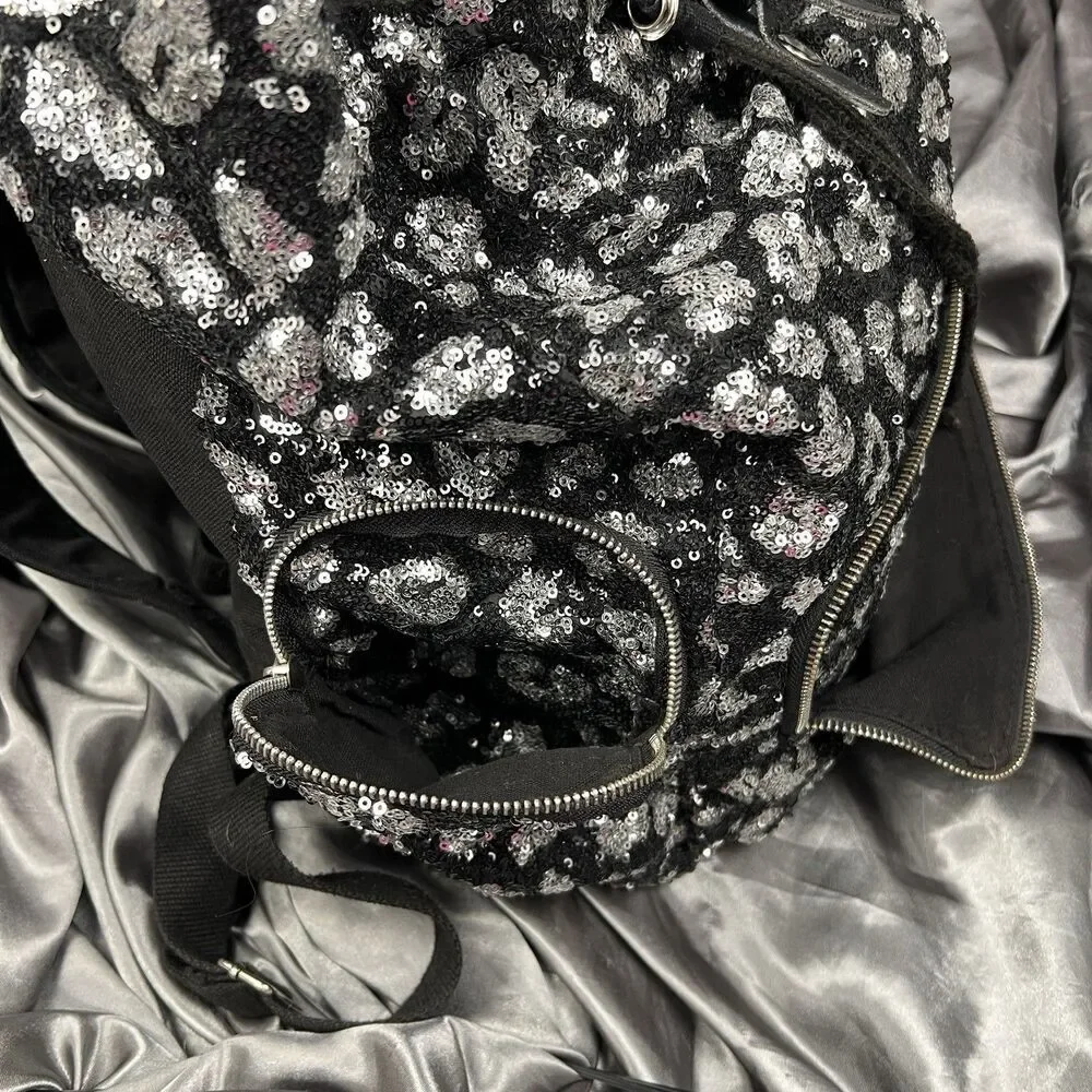 Victoria's Secret PINK Drawstring Silver Sequin Bling Large Backpack Pockets Y2K